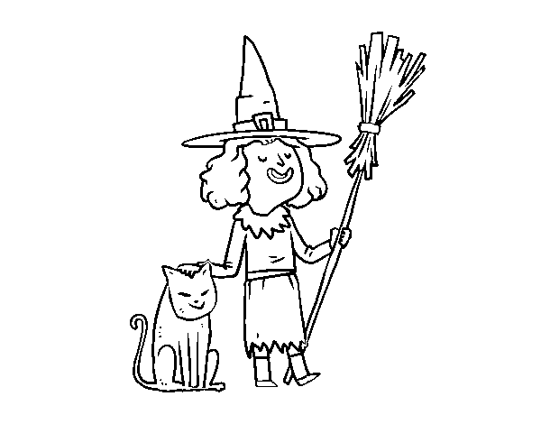 Dibuix de Bruixa amb gat de Halloween per Pintar on-line