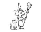 Dibuix de Bruixa amb gat de Halloween per pintar