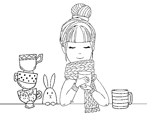 Dibuix de Noia amb bufanda i tassa de te per Pintar on-line